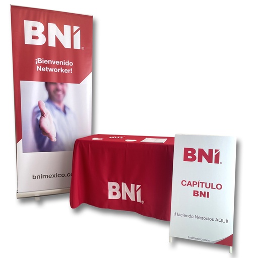 KIT REUNION PRESENCIAL
Roll UP, Mantel, Letrero "A", 5 plumas BNI, 50 etiquetas para visitantes, 1 Block 50 hojas de registro